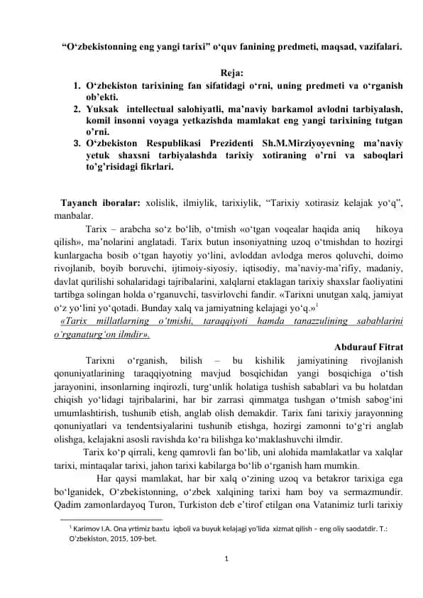 “O‘zbekistonning eng yangi tarixi” o‘quv fanining predmeti, maqsad, vazifalari.