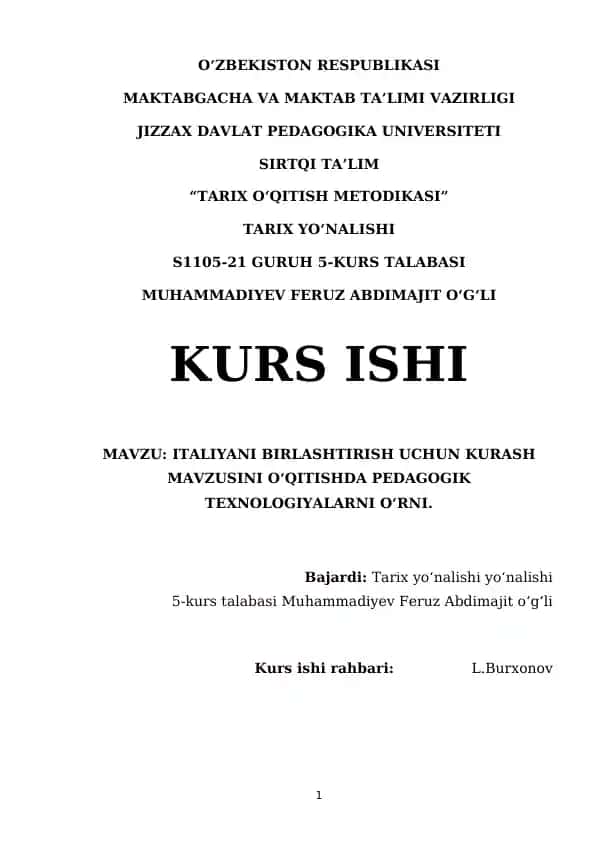 ITALIYANI BIRLASHTIRISH UCHUN KURASH MAVZUSINI OʻQITISHDA PEDAGOGIK TEXNOLOGIYALARNI OʻRNI.