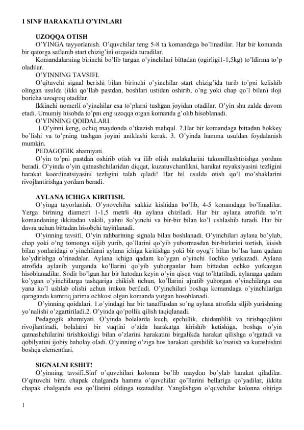 1-Sinf Harakatli O'yinlari