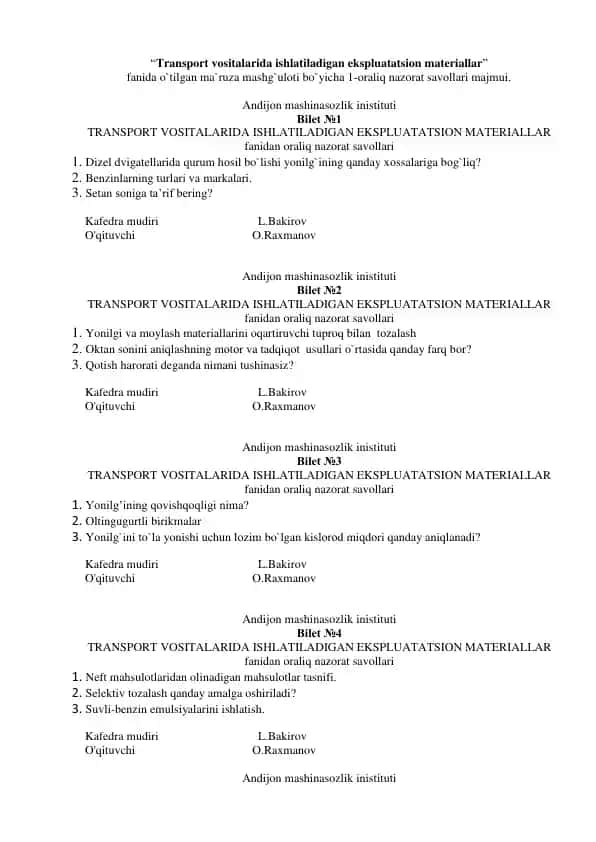 Transport vositalarida ishlatiladigan ekspluatatsion materiallar oraliq nazorat savollari