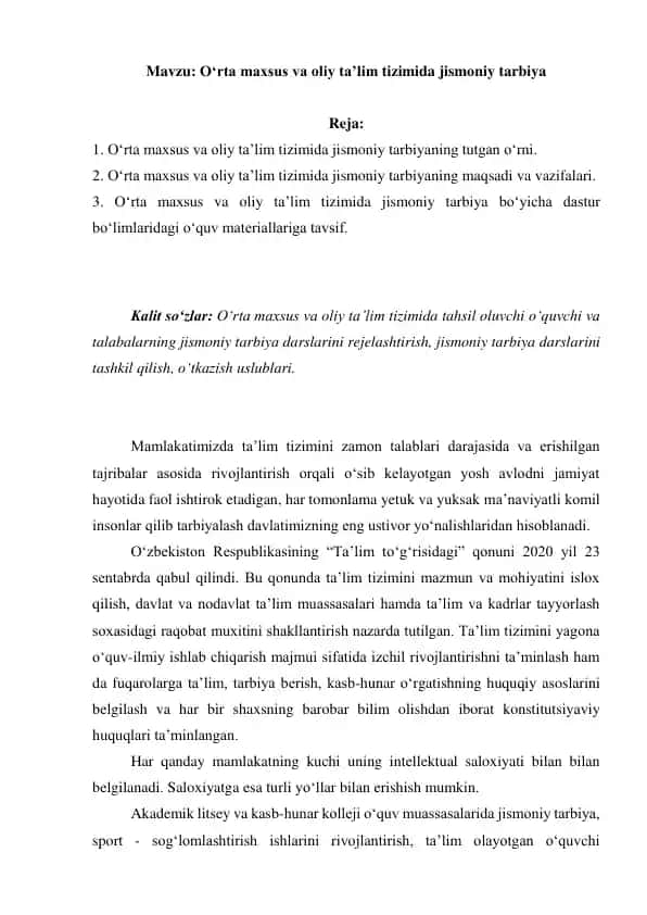 Jismoniy Tarbiya Bo'yicha Darslar