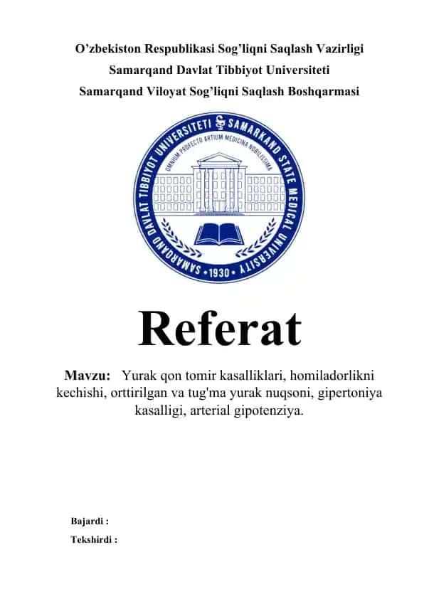 Yurak qon tomir kasalliklari va homiladorlik kechishi referati