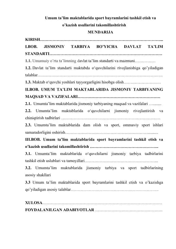 Umum ta’lim maktablarida sport bayramlarini tashkil etish va o’kazish usullarini takomillashtirish