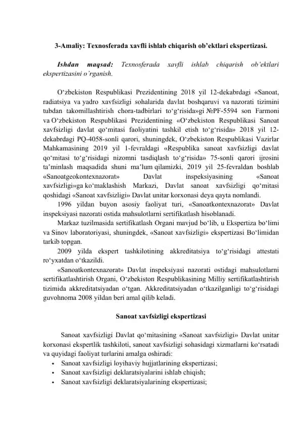 Texnosferada xavfli ishlab chiqarish ob’ektlari ekspertizasi
