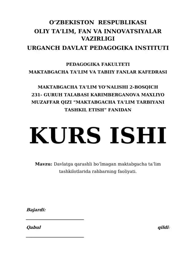 Davlatga qarashli bo‘lmagan maktabgacha ta’lim tashkilotlarida rahbarning faoliyati