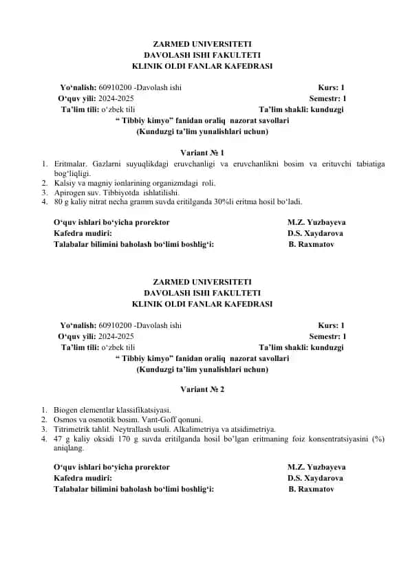 Tibbiy kimyo fanidan oraliq nazorat savollari