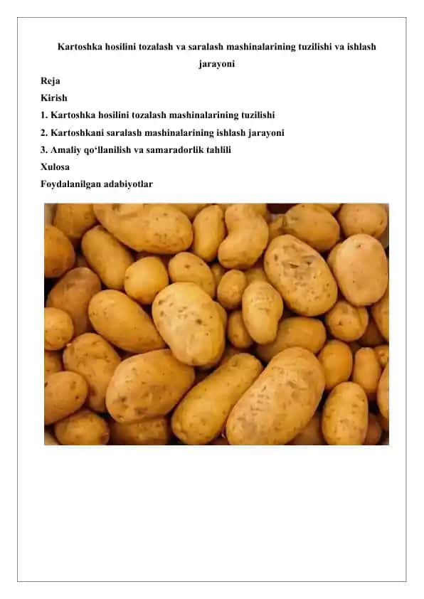 Kartoshka hosilini tozalash va saralash mashinalarining tuzilishi
