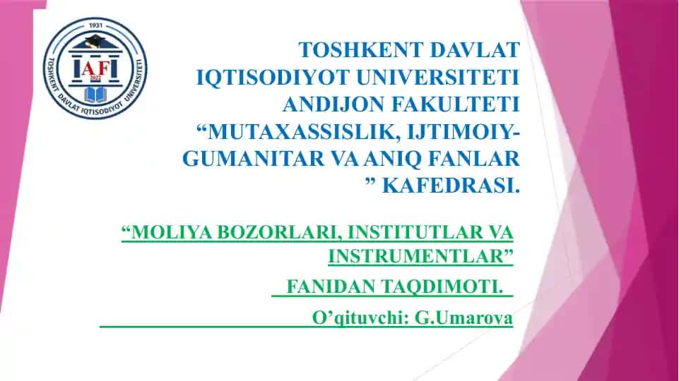 Moliya bozori modellari va ularning alohida xususiyatlari