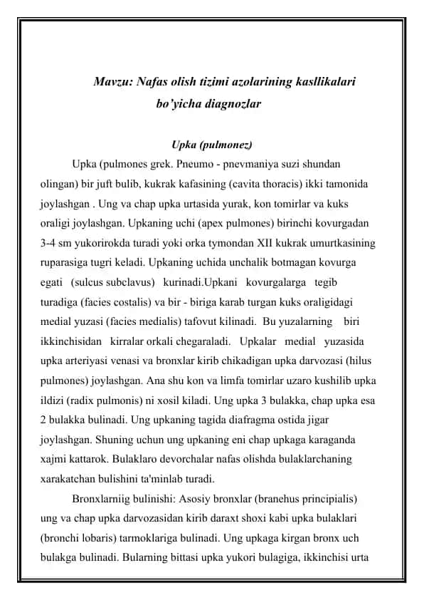 Nafas olish tizimi azolarining kasllikalari bo’yicha diagnozlar