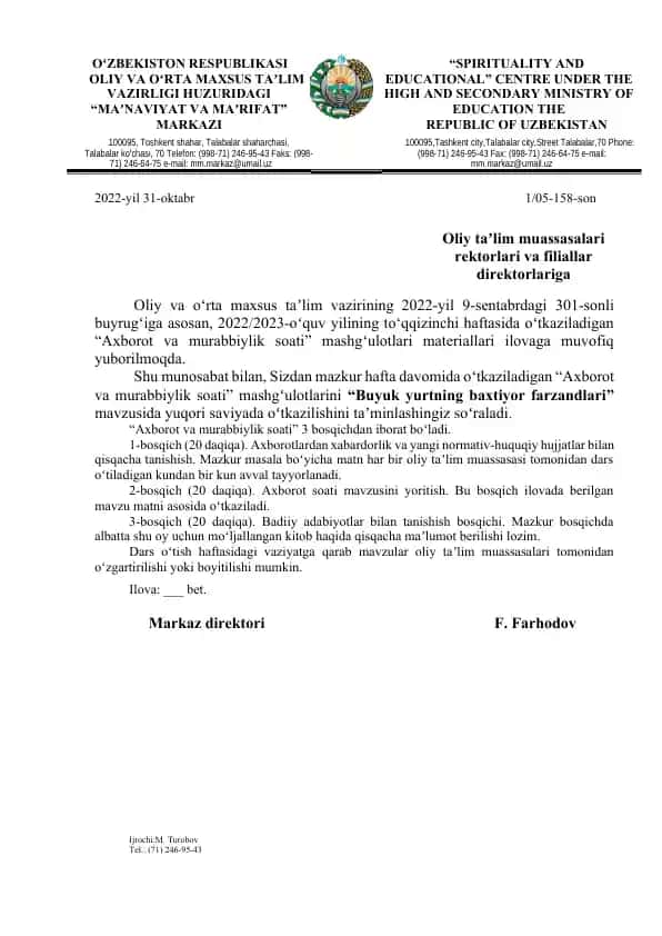 "Axborot va murabbiylik soati mashg'ulotlari"