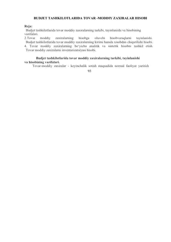 Budjet tashkilotlarida tovar-moddiy zaxiralar hisobi