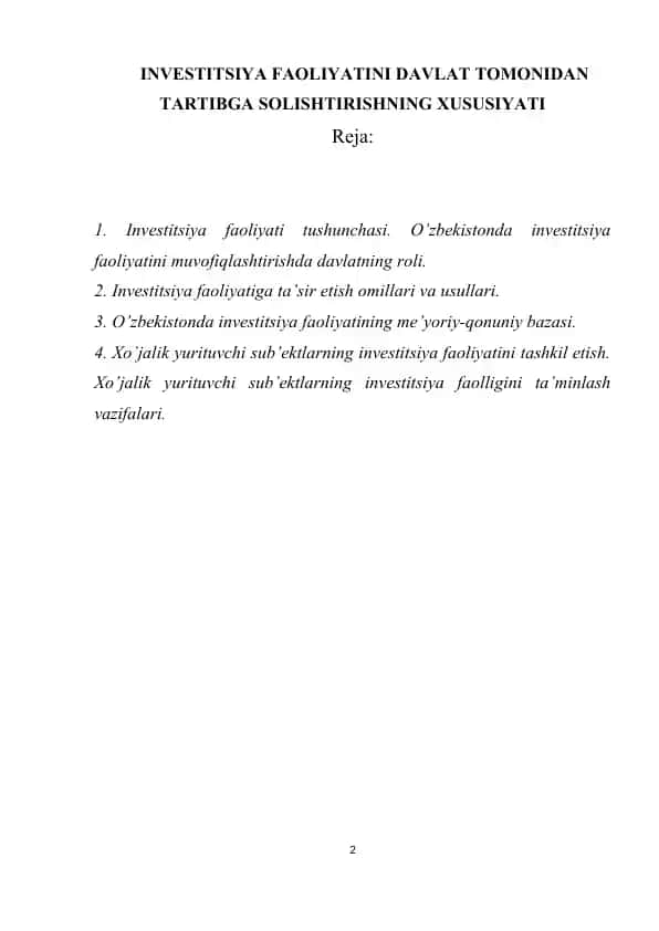 Investitsiya Faoliyatini Davlat Tomonidan Tartibga Solishtirishning Xususiyati