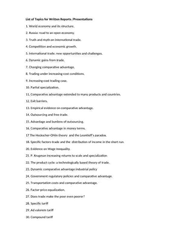 List of Topics for Written Reports /Presentations