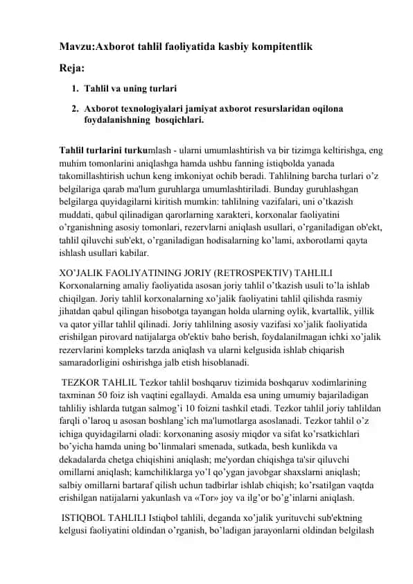Axborot tahlil faoliyatida kasbiy kompitentlik