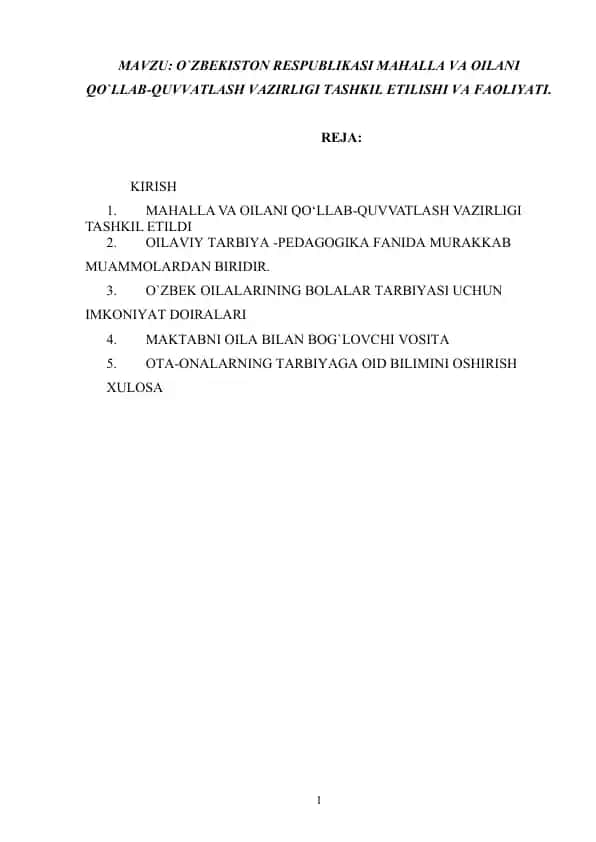 O‘ZBEKISTON RESPUBLIKASI MAHALLA VA OILANI QO‘LLAB-QUVVATLASH VAZIRLIGI