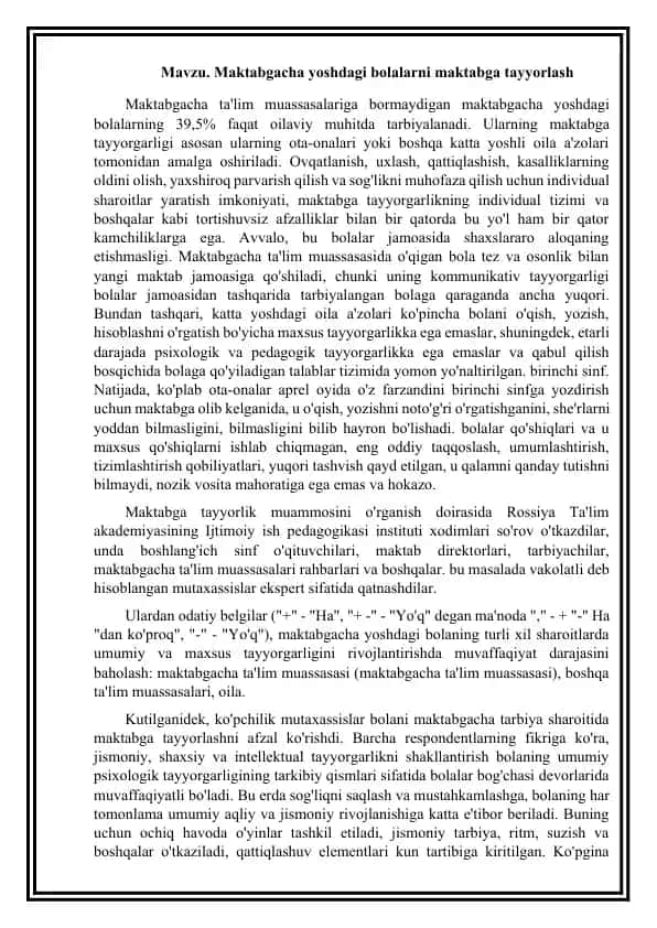 Maktabgacha yoshdagi bolalarni maktabga tayyorlash