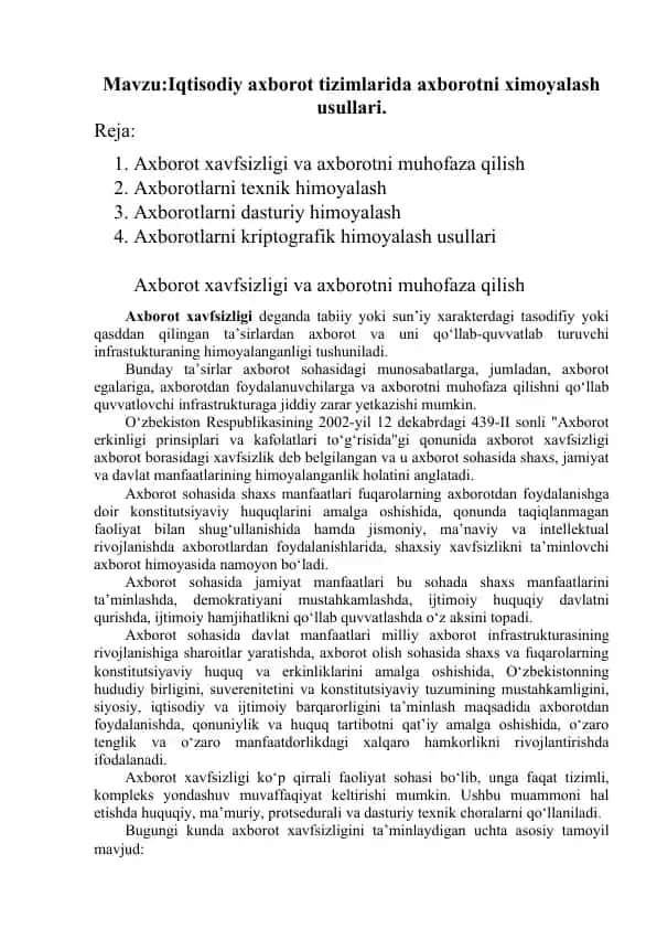 Iqtisodiy axborot tizimlarida axborotni ximoyalash usullari