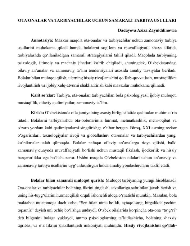 OTA ONALAR VA TARBIYACHILAR UCHUN SAMARALI TARBIYA USULLARI