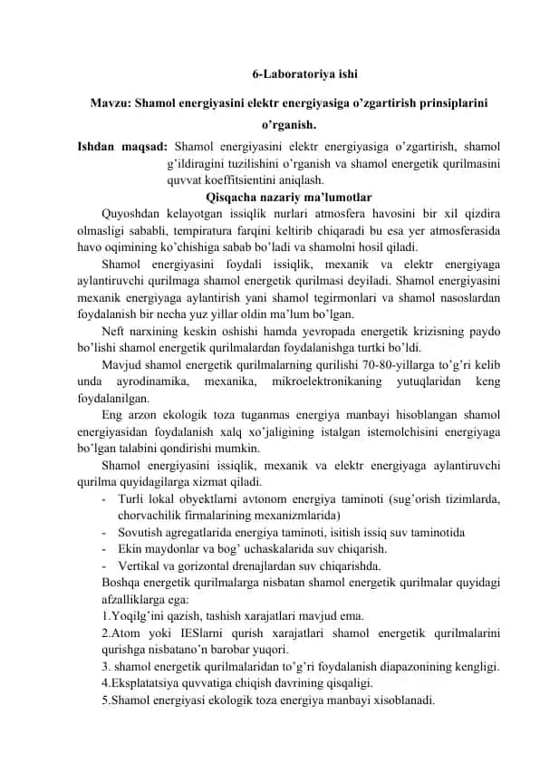 Shamol energiyasini elektr energiyasiga o’zgartirish prinsiplari