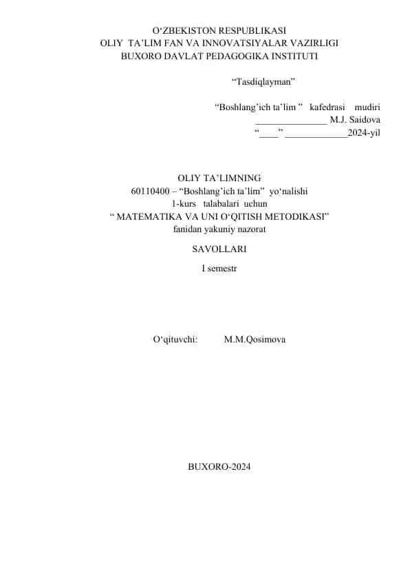 "MATEMATIKA VA UNI O‘QITISH METODIKASI fanidan yakuniy nazorat"