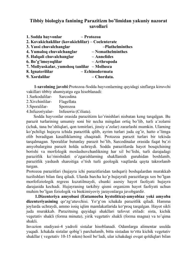 Parazitizm bo’limi
