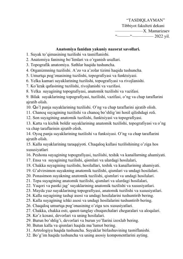 Anatomiya fanidan yakuniy nazorat savollari