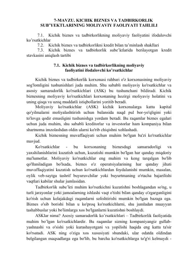 Kichik biznes va tadbirkorlikning moliyaviy faoliyatini tahlil qilish