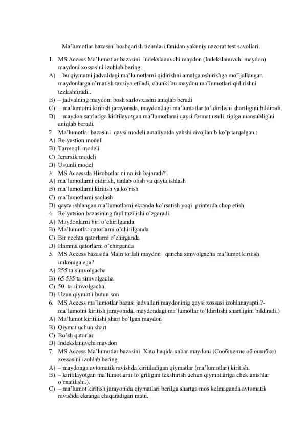 Ma’lumotlar bazasini boshqarish tizimlari fanidan yakuniy nazorat test savollari