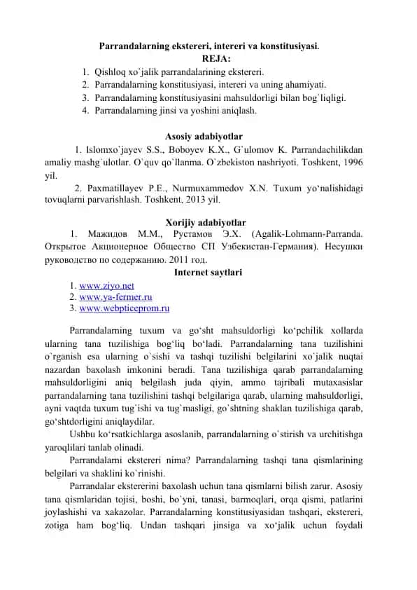 Parrandalarning ekstereri, intereri va konstitusiyasi