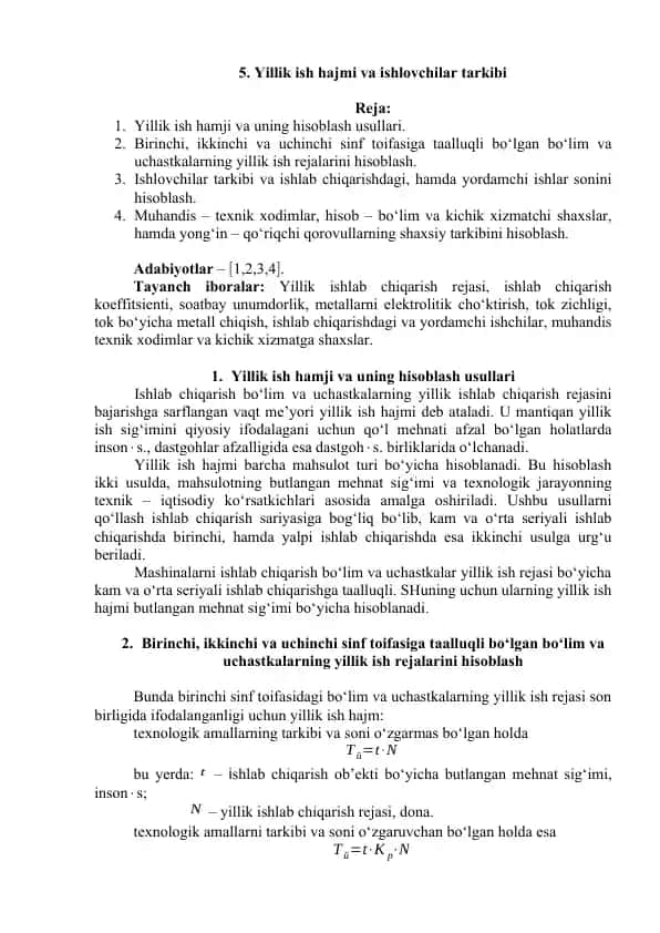 Yillik ish hajmi va ishlovchilar tarkibi