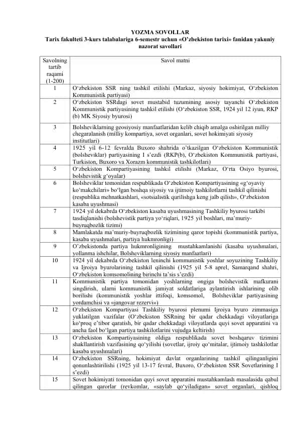 O‘zbekiston tarixi nazorat savollari