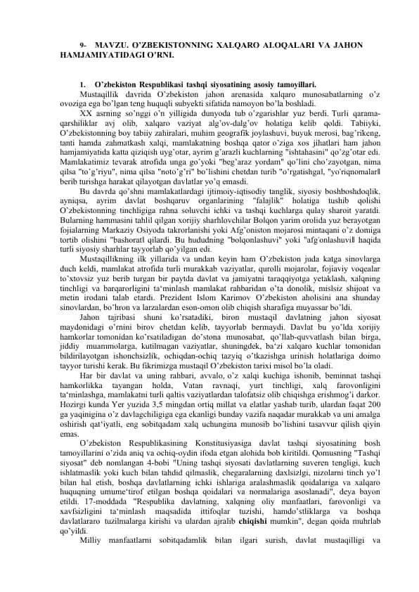 O’zbekistonning Xalqaro Aloqalari va Jahon Hamjamiyatidagi O’rni