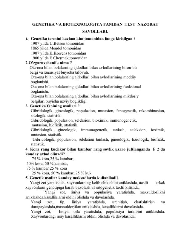 Genetika va Biotexnologiya fani test nazorat savollari