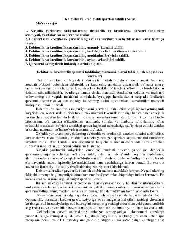 Debitorlik va kreditorlik qarzlari tahlili