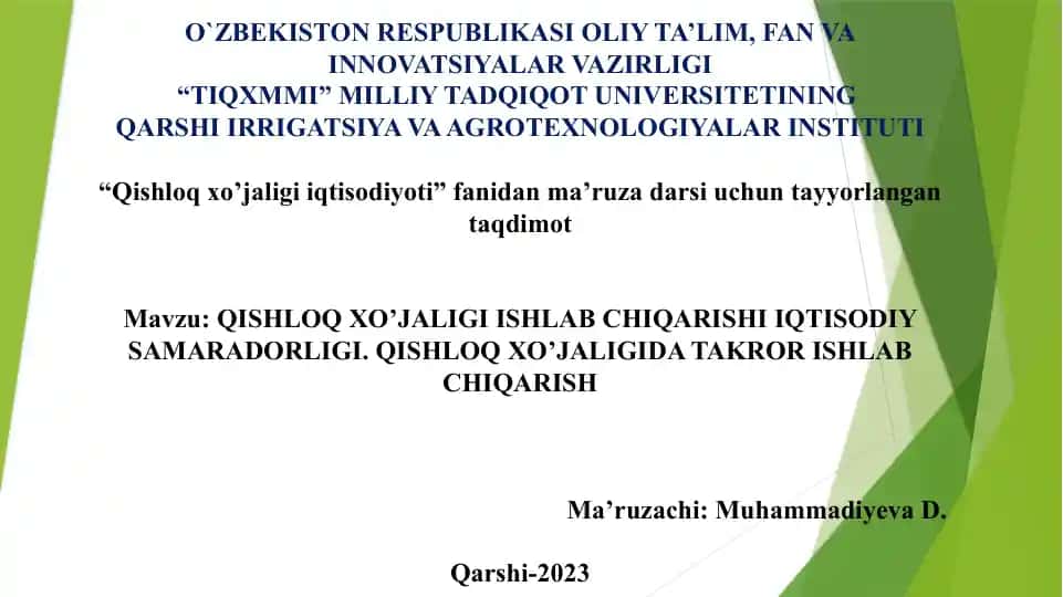 Qishloq xo'jaligi ishlab chiqarishi iqtisodiy samaradorligi