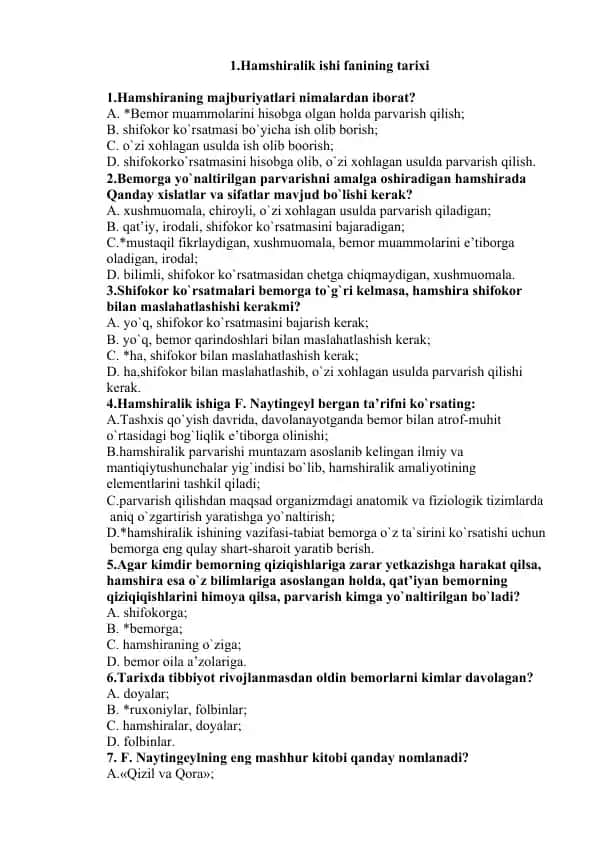 Hamshiralik ishi fanining tarixi