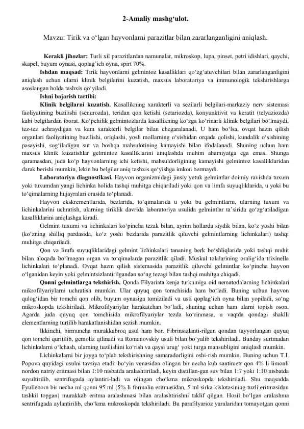 Tirik va o‘lgan hayvonlarni parazitlar bilan zararlanganligini aniqlash