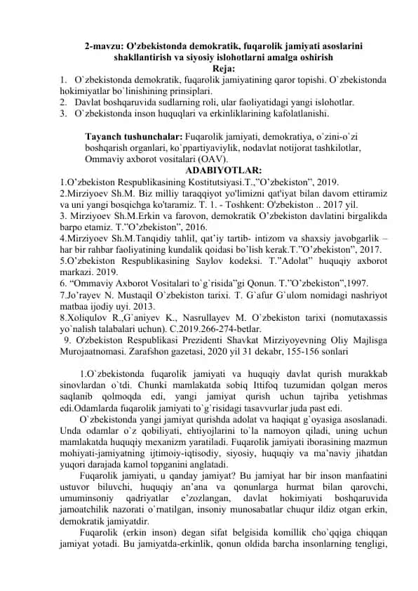 O'zbekistonda demokratik, fuqarolik jamiyati asoslarini shakllantirish va siyosiy islohotlarni amalga oshirish