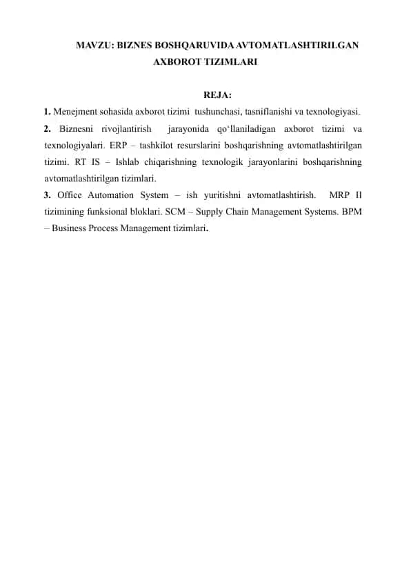 Menejment sohasida axborot tizimi tushunchasi, tasniflanishi va texnologiyasi