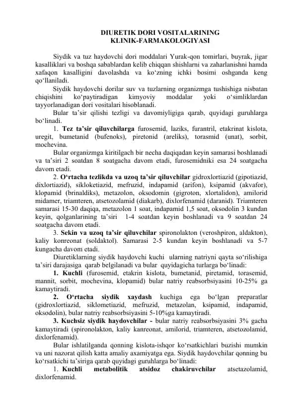 Diuretik Dori Vositalarining Klinik-Farmakologiyasi