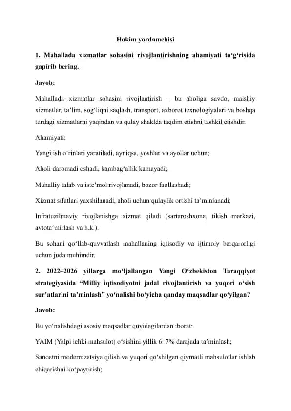 Hokim yordamchisi 99 ta savolga 99 ta javob 2025 yangi