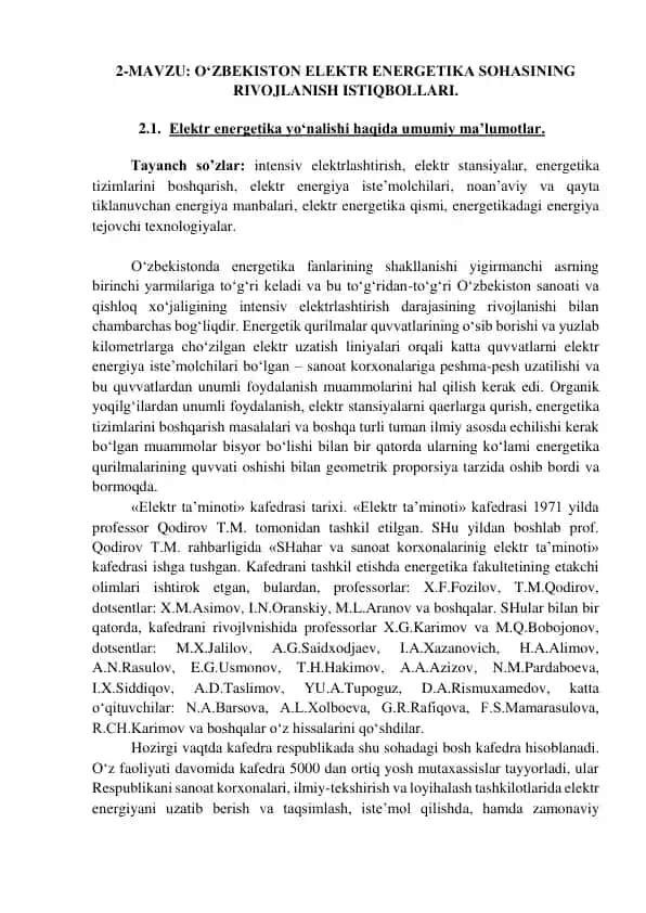 O‘ZBEKISTON ELEKTR ENERGETIKA SOHASINING RIVOJLANISH ISTIQBOLLARI