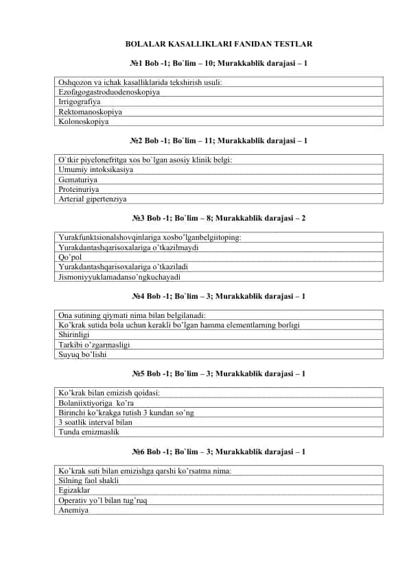 BOLALAR KASALLIKLARI FANIDAN TESTLAR