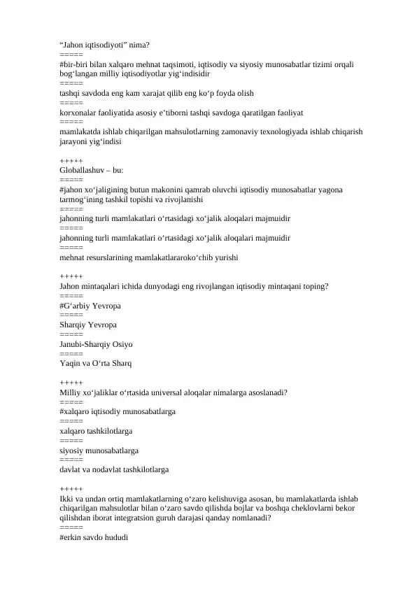 Jahon iqtisodiyoti test