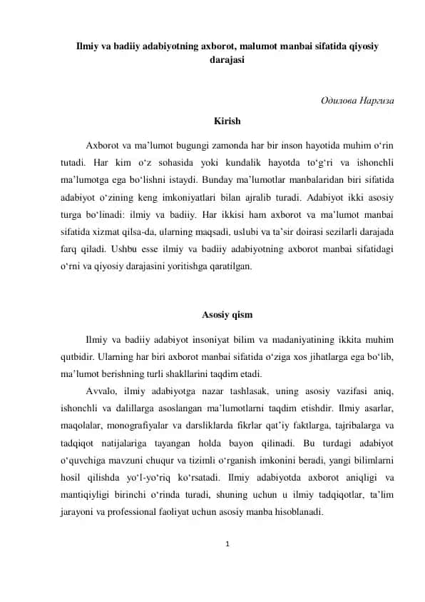Ilmiy va badiiy adabiyotning axborot, malumot manbai sifatida qiyosiy darajasi