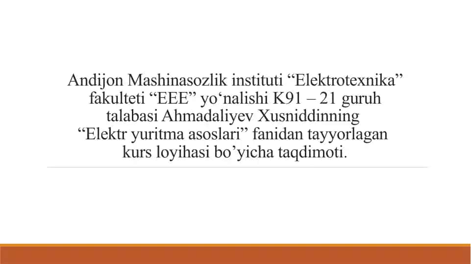 Kurs loyihasi "Parallel qo'zg'atishli O'TDni elektryuritmasini loyihalash"
