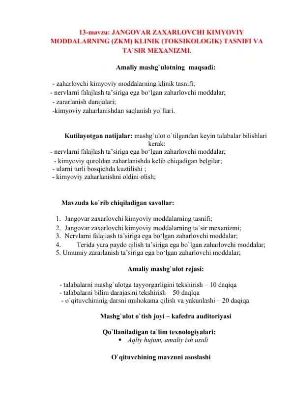 JANGOVAR ZAXARLOVCHI KIMYOVIY MODDALARNING (ZKM) KLINIK (TOKSIKOLOGIK) TASNIFI VA TA'SIR MEXANIZMI