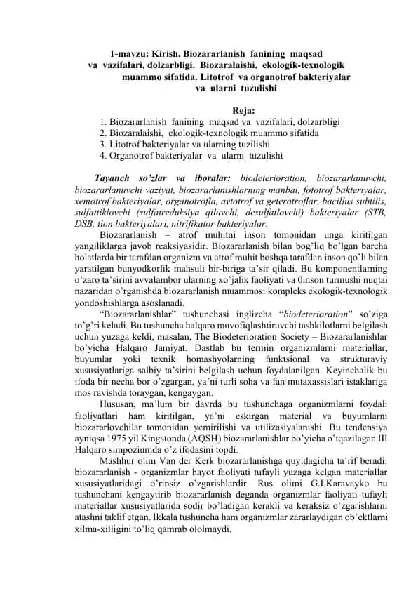 Biozararlanish fanining maqsad va vazifalari, dolzarbligi