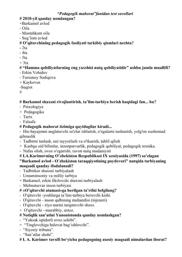 "Pedagogik mahorat" fanidan test savollari