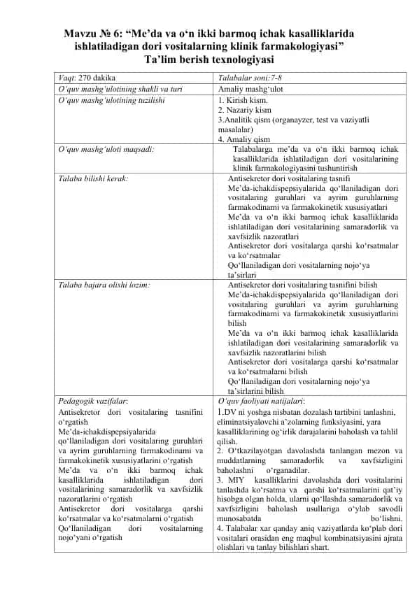 Me’da va o‘n ikki barmoq ichak kasalliklarida ishlatiladigan dori vositalarning klinik farmakologiyasi